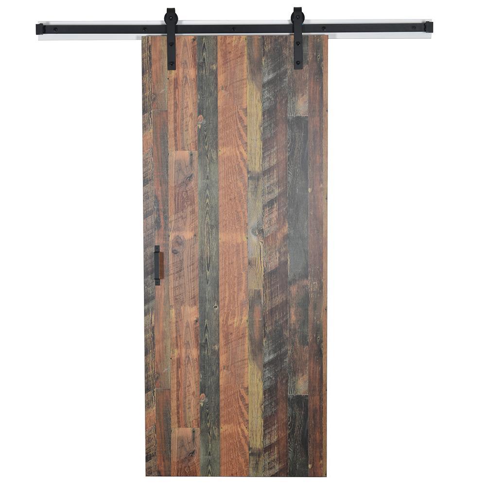 43 in. x 84 in. Antique Bourbon Pine 8215-12 Solid Core Wood Flush Barn Door with Sliding Door Hardware Kit