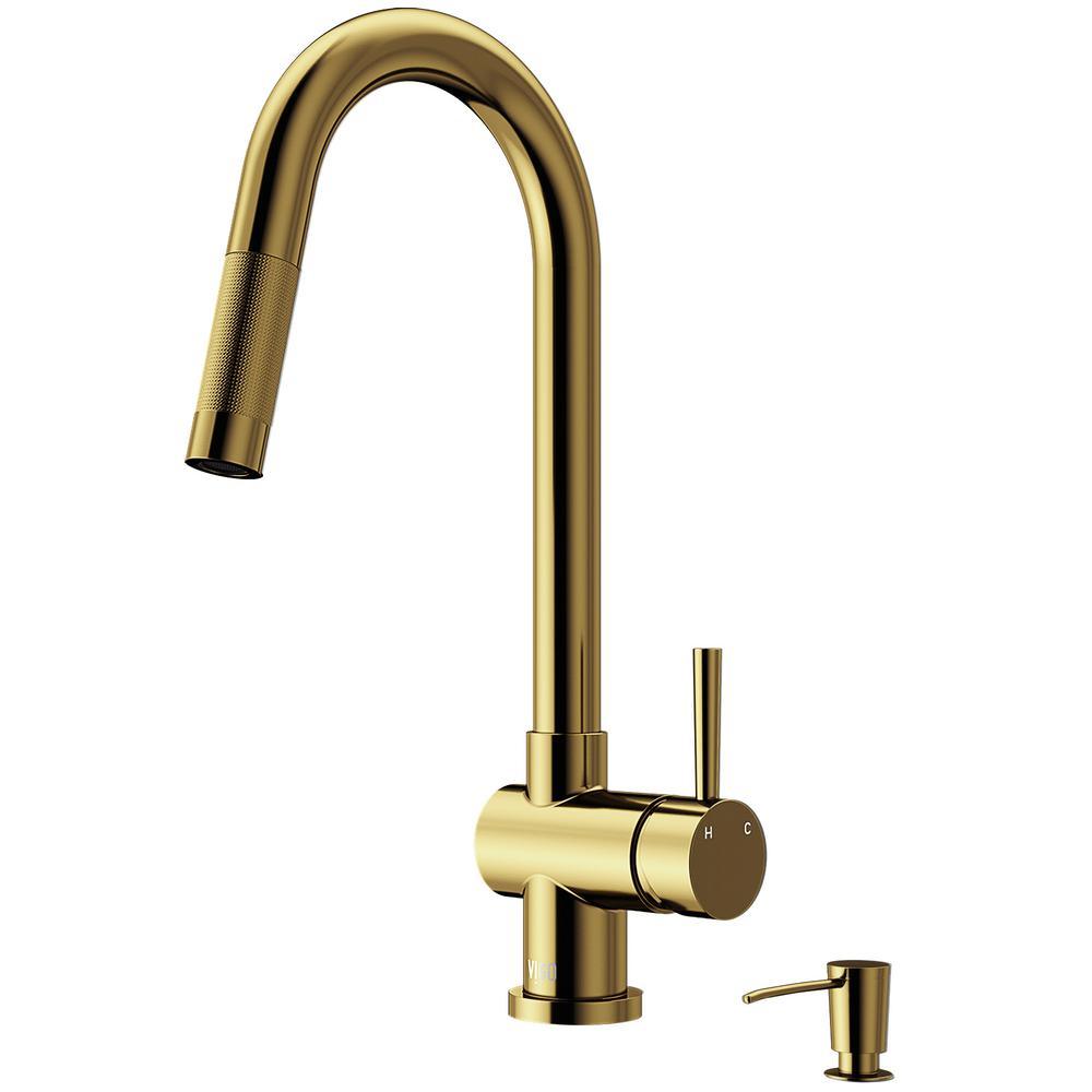 Gramercy Single-Handle Pull-Down Sprayer Kitchen Faucet with Soap Dispenser in Matte Gold
