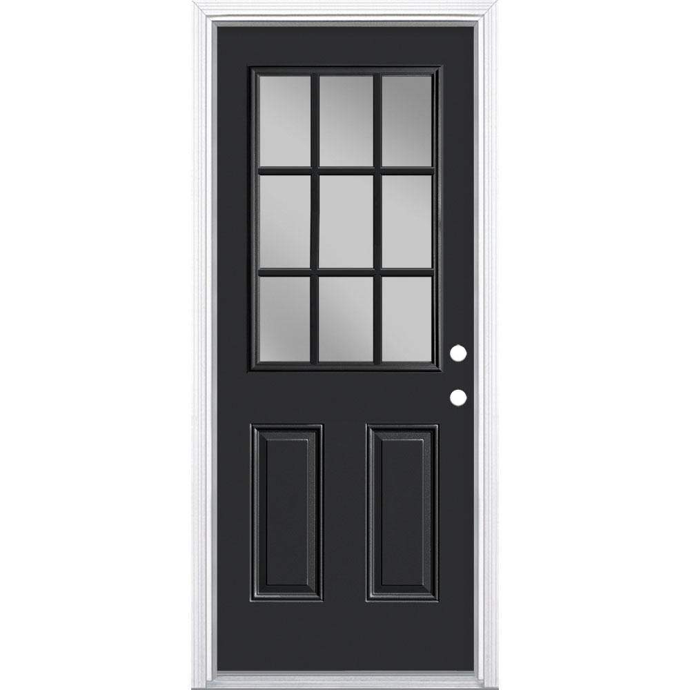 32 in. x 80 in. 9 Lite Left Hand Inswing Painted Steel Prehung Front Exterior Door with Brickmold