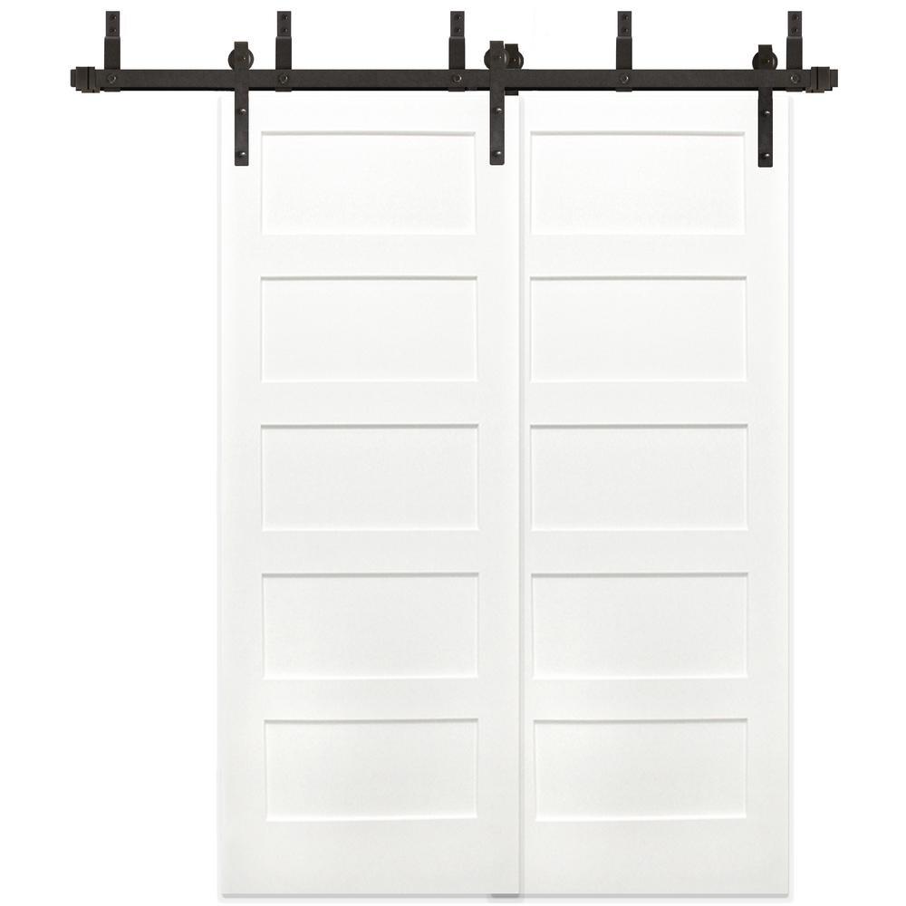 60 in. x 80 in. Bypass 5-Panel Solid Core Primed Pine Wood Sliding Barn Door with Bronze Hardware Kit, Soft Close