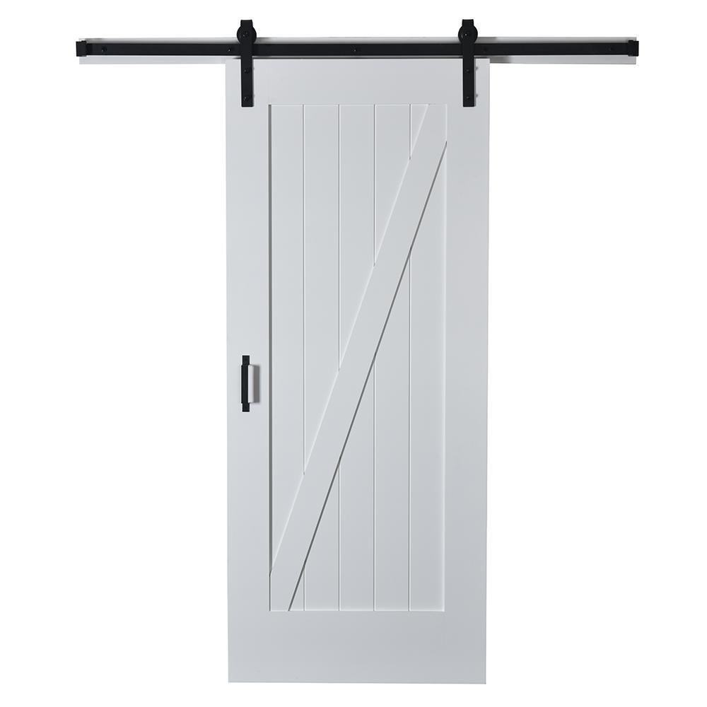 43 in. x 84 in. Z Planked Primed MDF Solid Core Wood Barn Door with Matte Black Sliding Door Hardware Kit