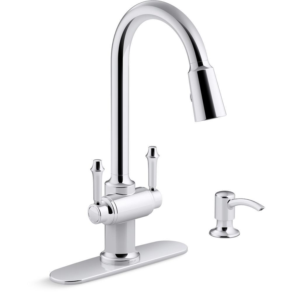 Thierry Two Handle Pull-Down Sprayer Kitchen Faucet with Soap Dispenser in Polished Chrome