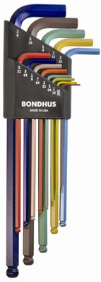 Bondhus 69637 Ball End L-Wrench Set with ColorGuard Finish with Extra Long Arm, 13 Piece