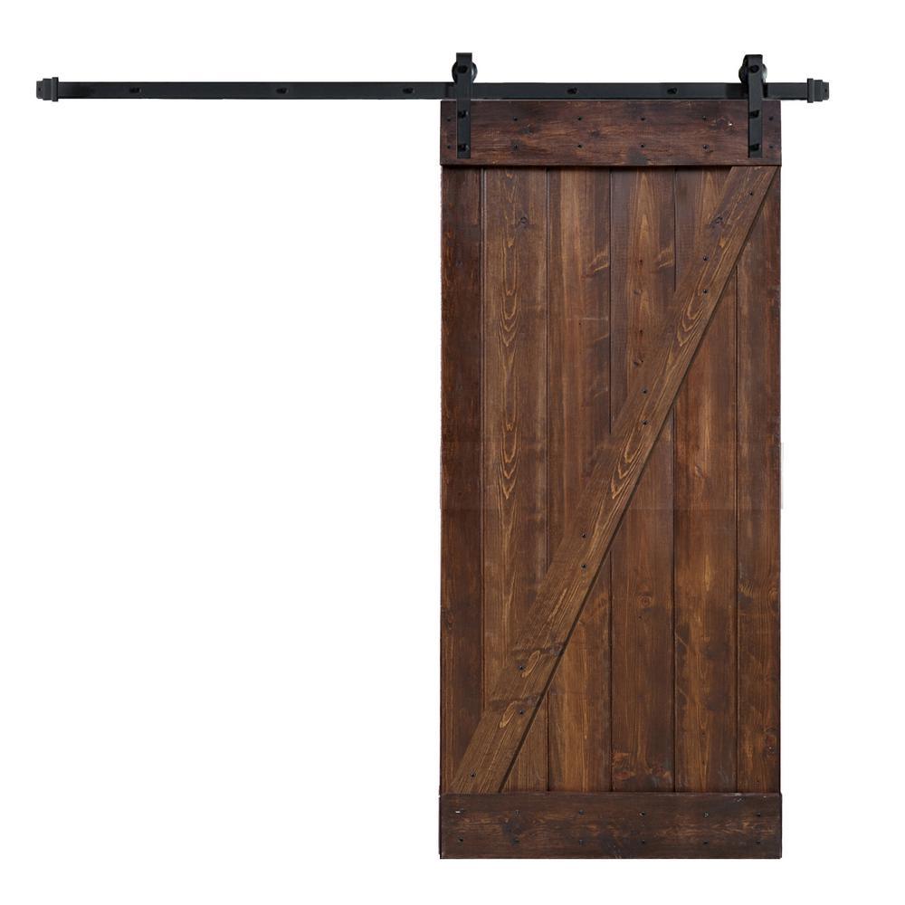 36 in x 84 in Z Series DIY Dark Walnut Finished Knotty Pine Wood Sliding Barn Door Slab with Hardware Kit