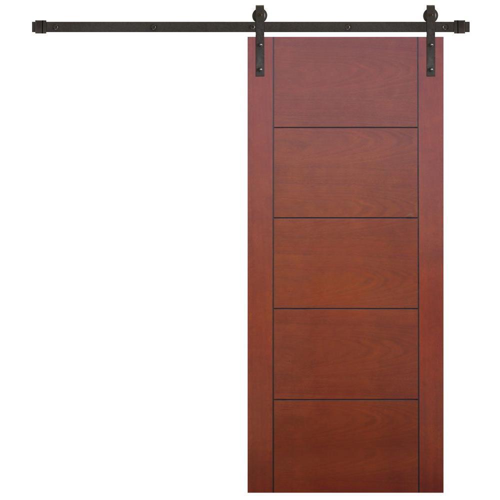 36 in. x 84 in. Contemporary Prefinished 5-Panel Flush Mahogany Wood Sliding Barn Door with Bronze Hardware Kit