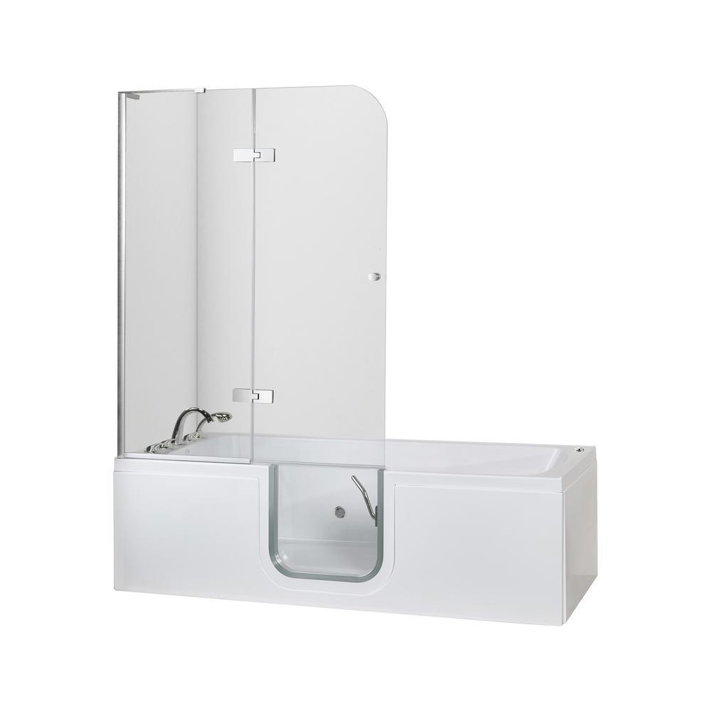 Laydown 72 in. Walk-In Whirlpool Bathtub in White LH Hinged Middle Glass Door with Screen 5 PC Fast Fill Faucet LH Drain