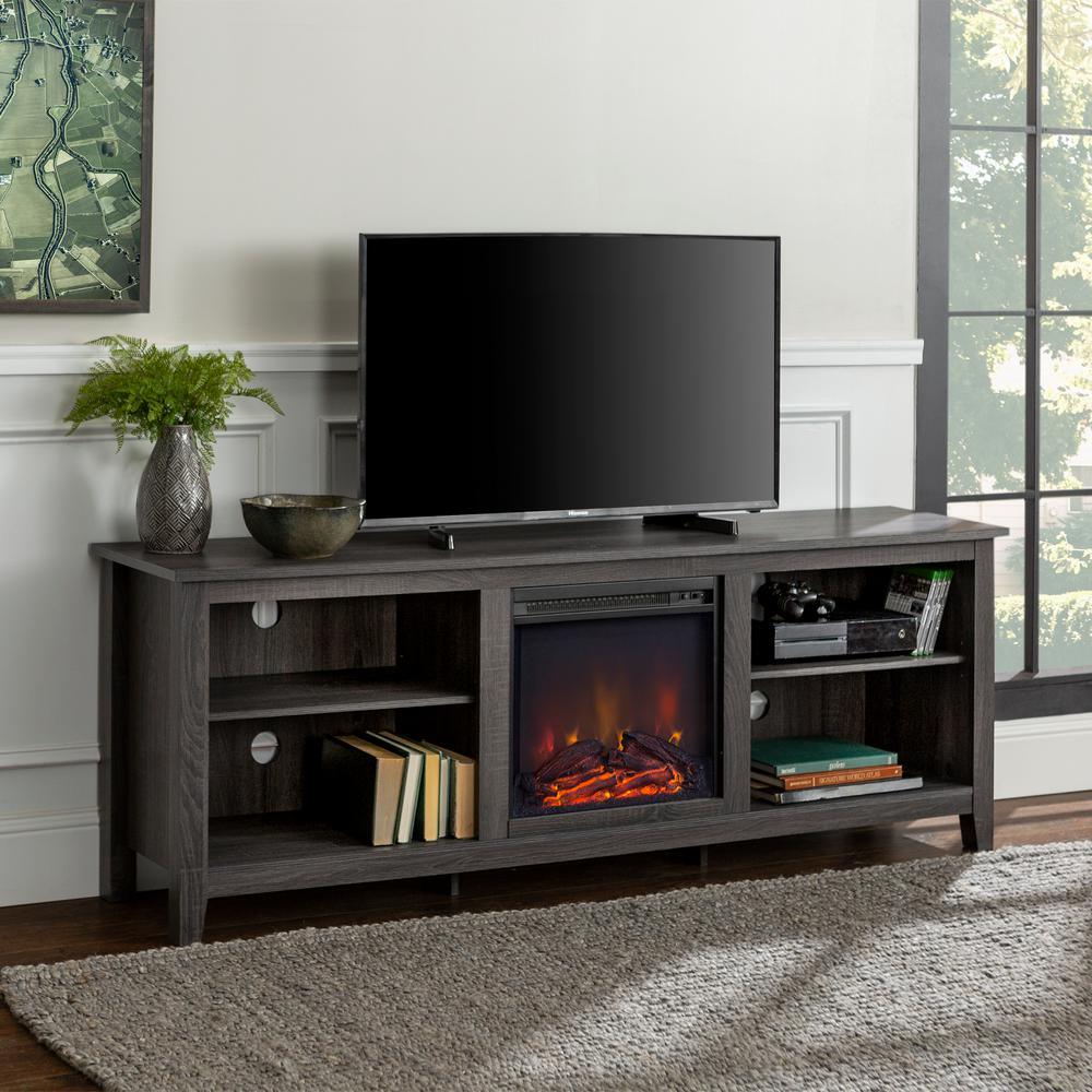 70 in. Wood Media TV Stand Console with Fireplace - Charcoal