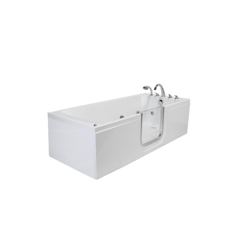 Laydown 72 in. Walk-in Whirlpool Bathtub in White 5-Piece Fast Fill Faucet RHS Drain with Right Hinged Middle Glass Door