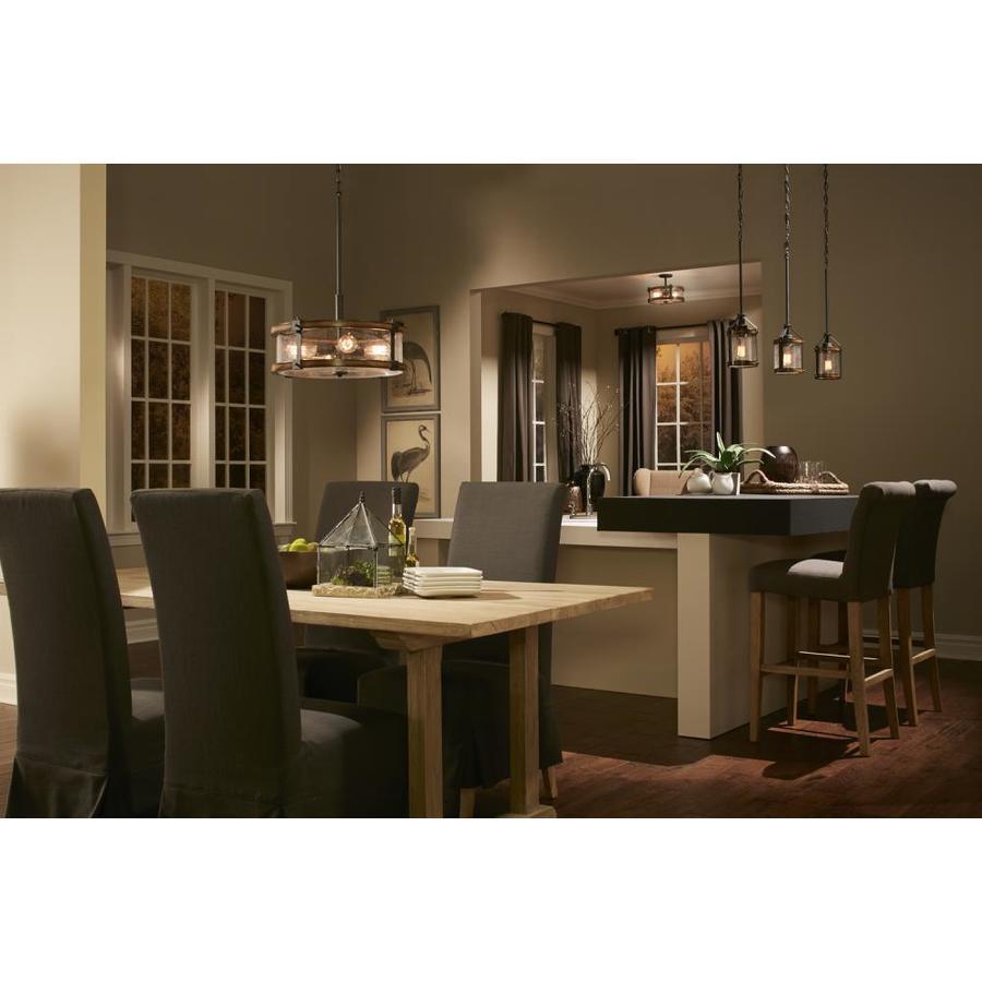 Kichler Barrington Distressed Black and Wood Tone Rustic Seeded Glass Drum Pendant Light