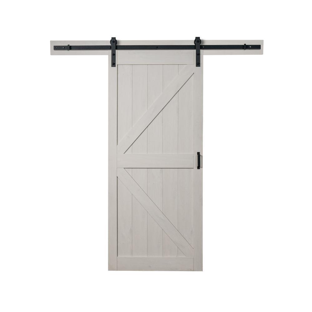 K Design 36 in. x 84 in. Ashen White Finished MDF Sliding Barn Door with Bent Strap Hardware Kit
