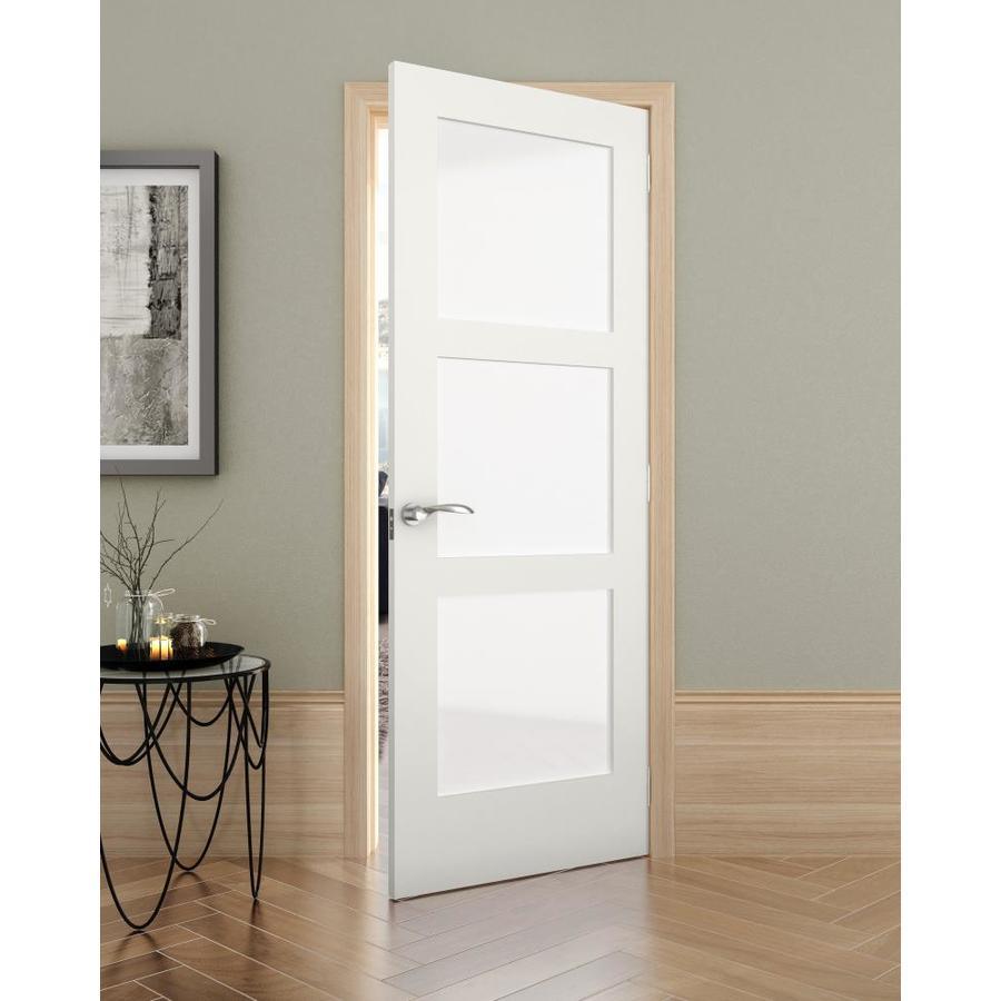 American Building Supply Shaker 32-in x 80-in Primed White 3-Panel Square Frosted Glass Solid Core Primed Pine MDF Slab Door