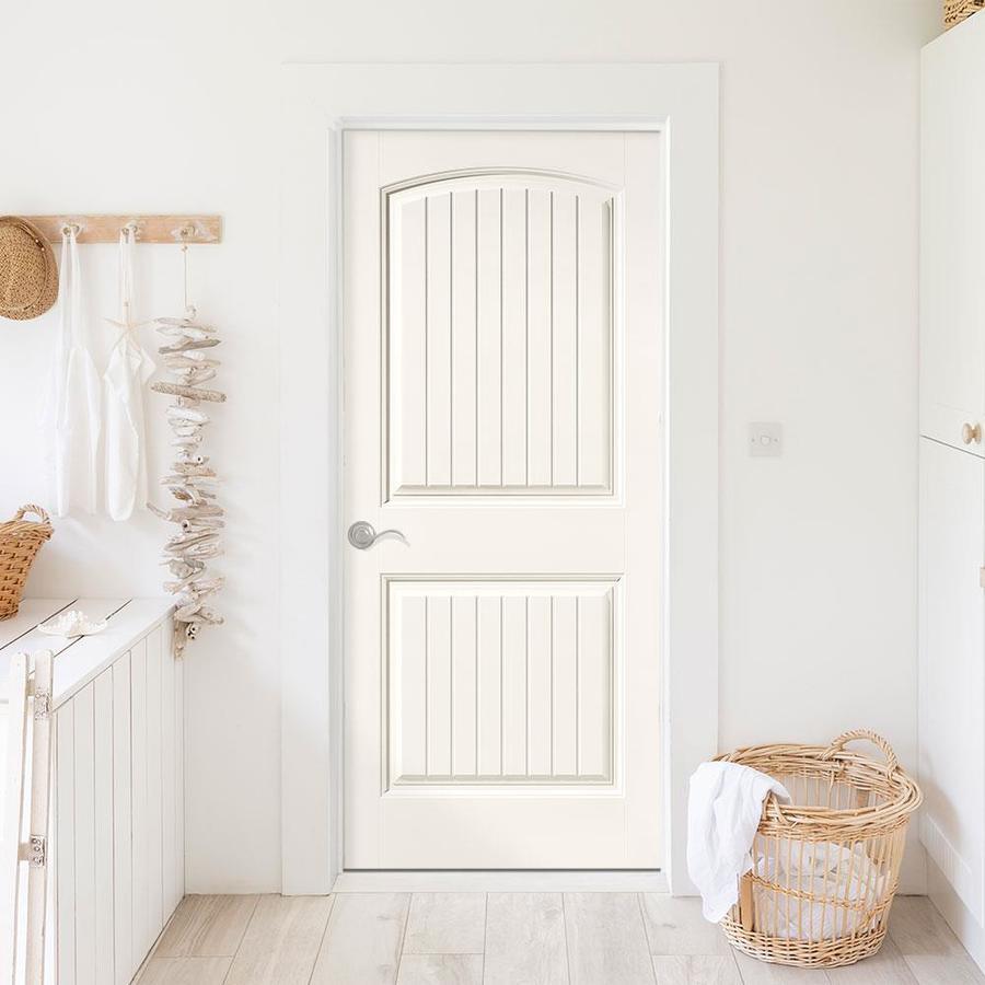 Masonite Cheyenne 36-in x 80-in White 2-Panel Round Top Plank Solid Core Prefinished Molded Composite Right Hand Inswing Single Prehung Interior Door