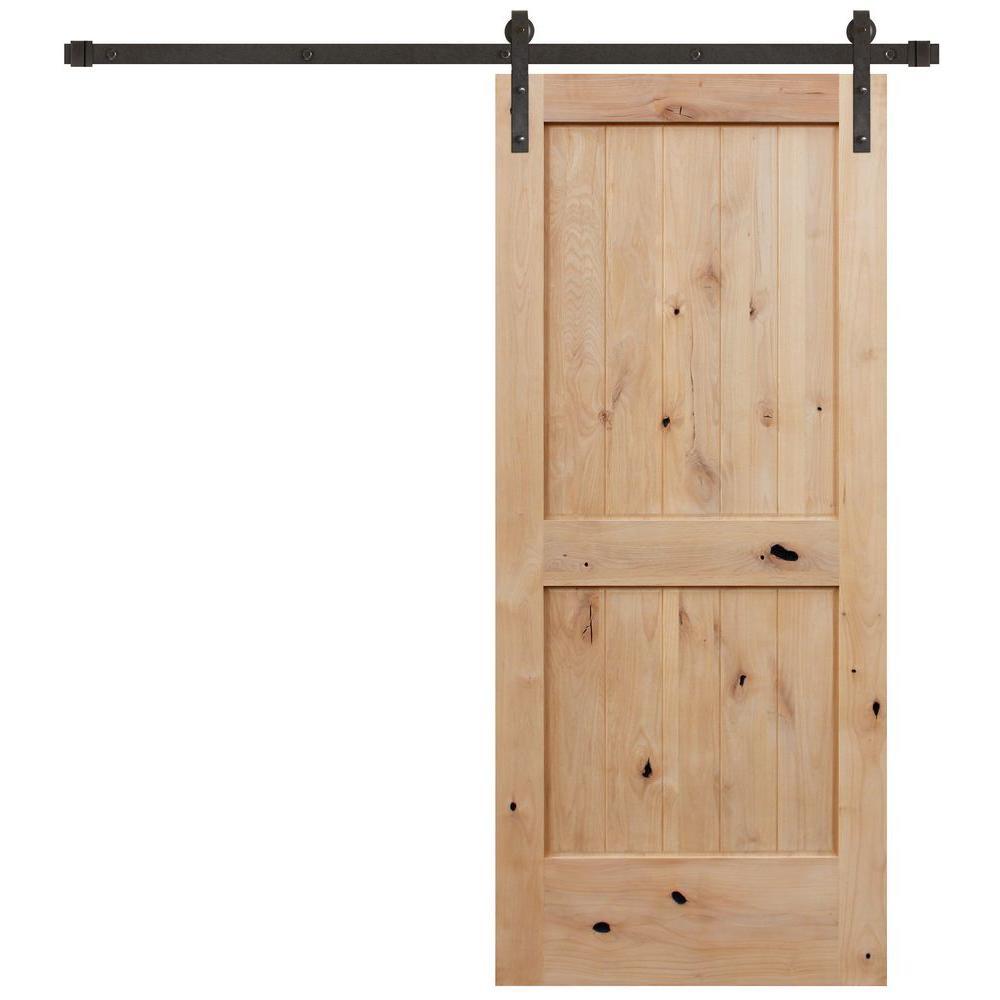 42 in. x 84 in. Rustic Unfinished 2-Panel Knotty Alder Interior Wood Sliding Barn Door with Bronze Hardware Kit