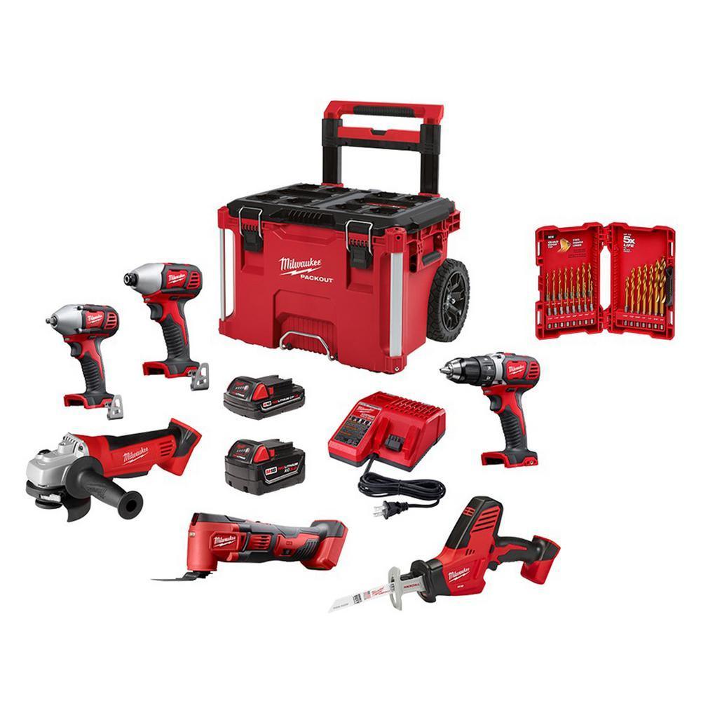 M18 18-Volt Lithium-Ion Cordless Combo Tool Kit (6-Tool) with PACKOUT Rolling Tool Box and Drill Bit Set (23-Piece)