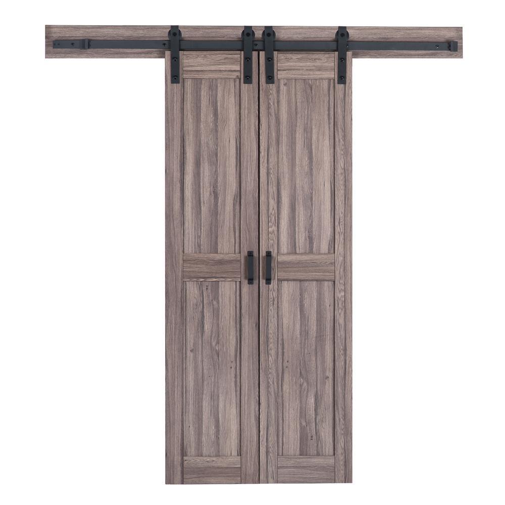 36 in. x 84 in. Taupe MDF Solid Core Bi-Parting Design Interior Sliding Barn Door with Modern Rustic Hardware Kit