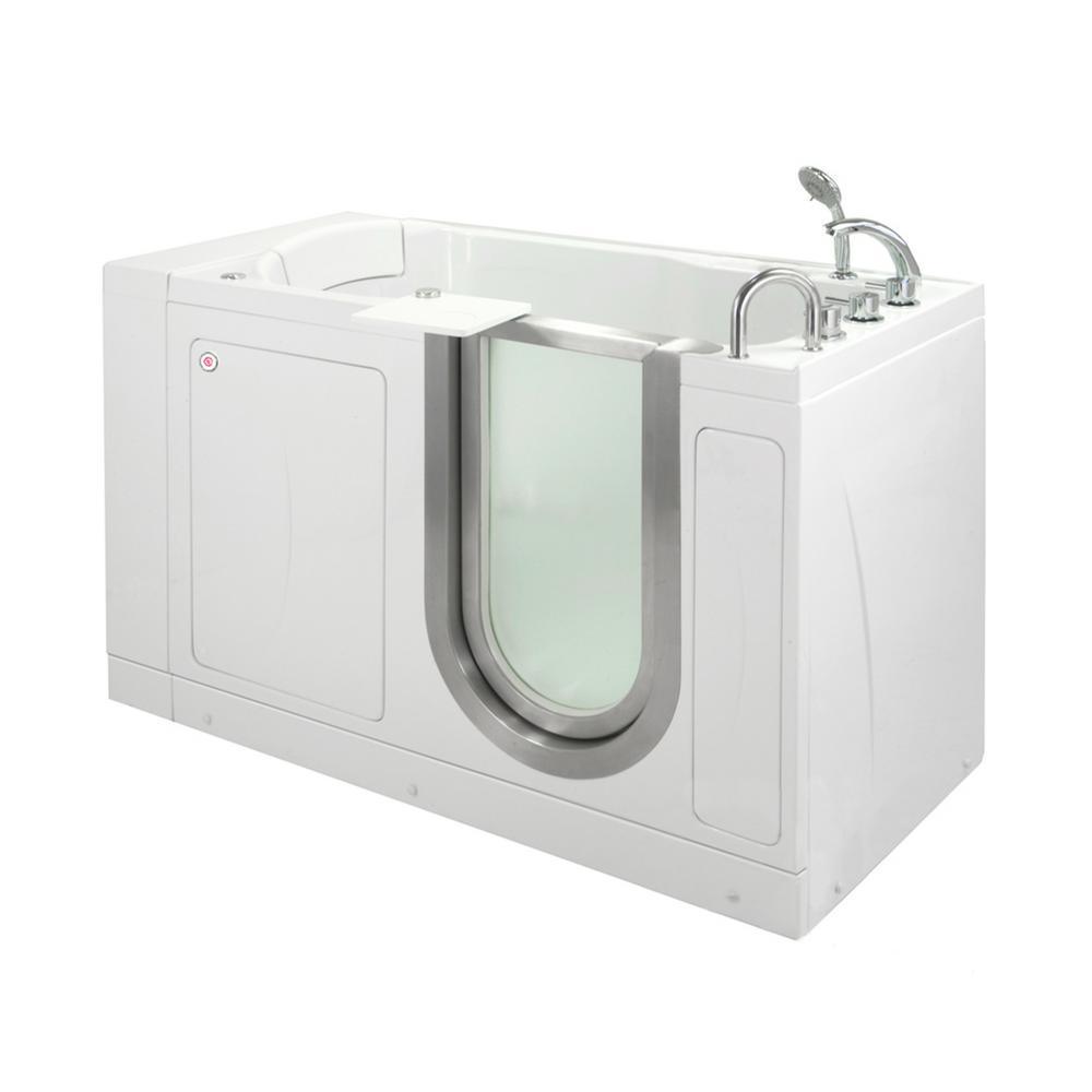 Petite 52 in. Acrylic Walk-In Whirlpool and Air Bath Bathtub in White, Thermostatic Faucet Set, RHS 2 in. Dual Drain