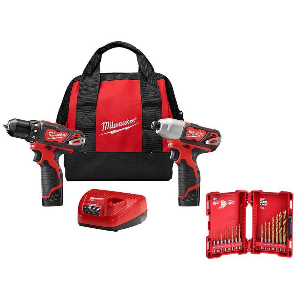 M12 12-Volt Lithium-Ion Cordless Drill Driver/Impact Driver Combo Kit (2-Tool) with Titanium Drill Bit Set (15-Piece)