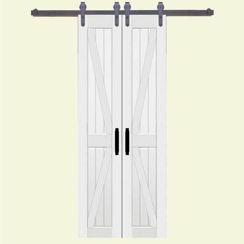 Double barn door 42-in x 84-in White 2-Panel Prefinished Molded Composite Double Barn Door (Hardware Included)