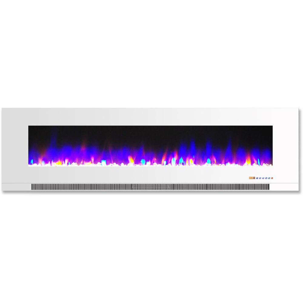 60 in. Wall-Mount Electric Fireplace in White with Multi-Color Flames and Crystal Rock Display