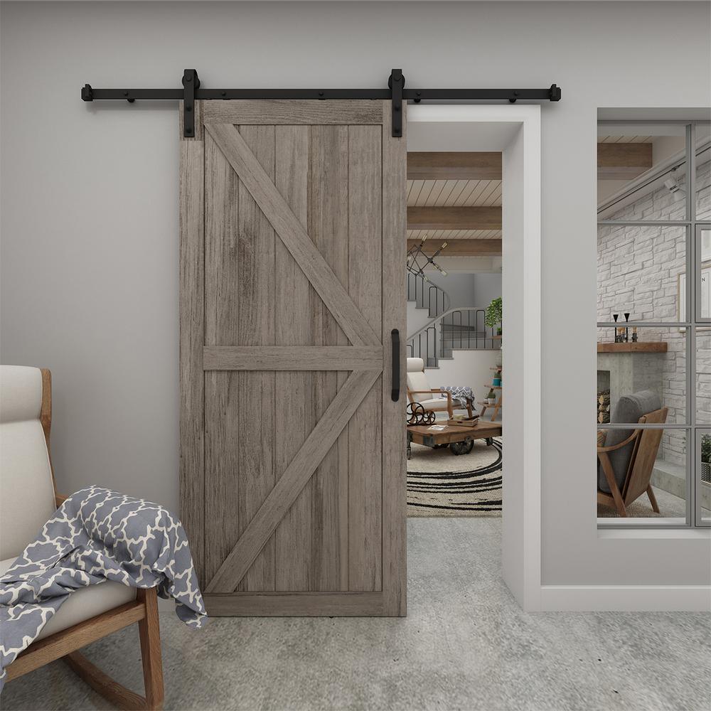 37 in. x 84 in. Artisan Grey Vinyl Finish Sliding Barn Door with Black Hardware Kit