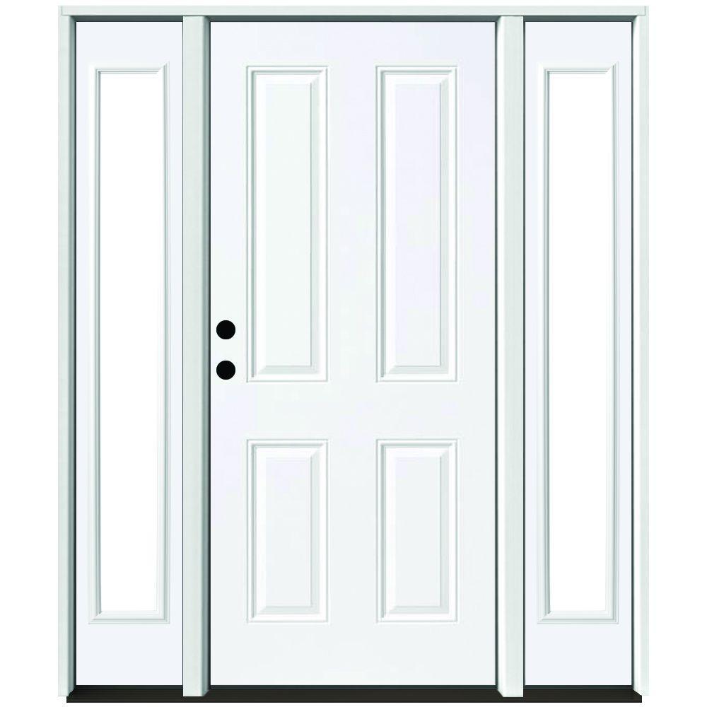 60 in. x 80 in. 4-Panel Primed White Right-Hand Steel Prehung Front Door with 10 in. Clear Glass Sidelites 4 in. Wall