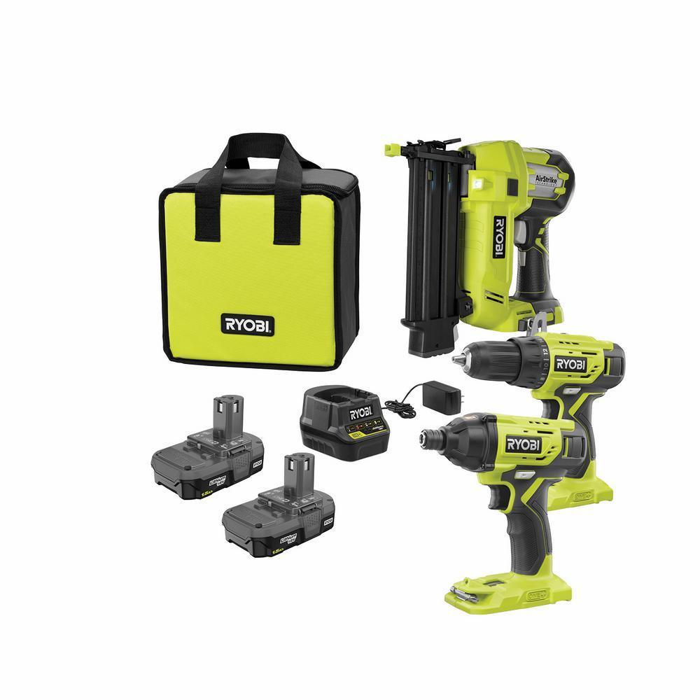 18-Volt ONE+ Lithium-Ion Cordless 3-Tool Combo Kit with Drill/Driver, Impact Driver, AirStrike 18-Gauge Brad Nailer