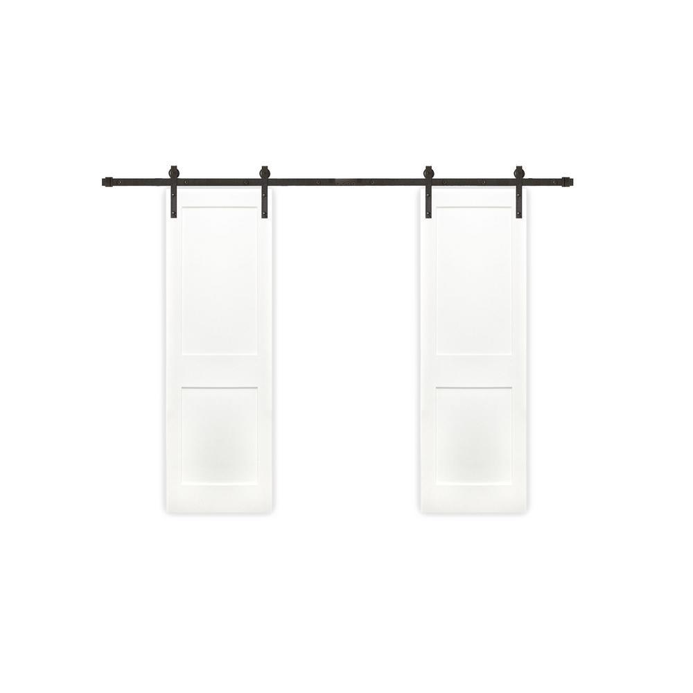 48 in. x 80 in. Bi-Part Shaker 2-Panel Solid Core Primed Pine Wood Sliding Barn Door with Bronze Hardware Kit