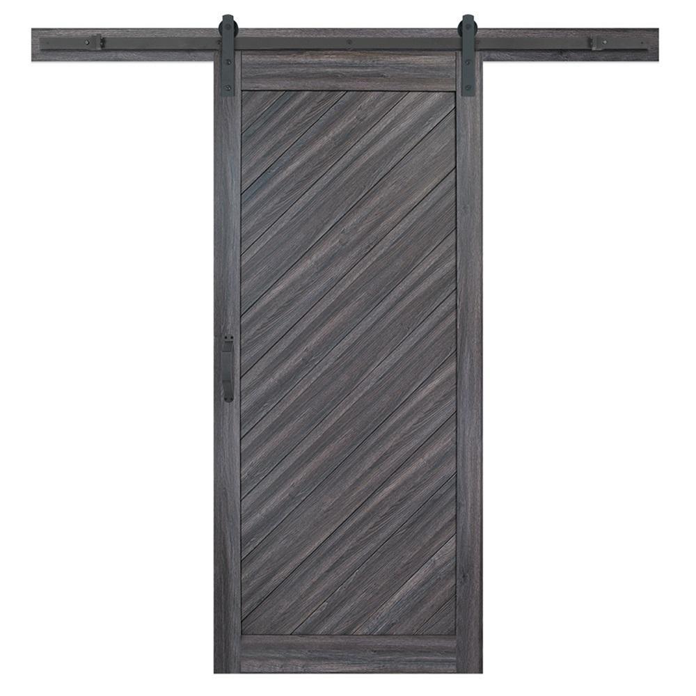 36 in. x 84 in. Diagonal Stormy Gray Interior Sliding Barn Door Slab with Hardware Kit