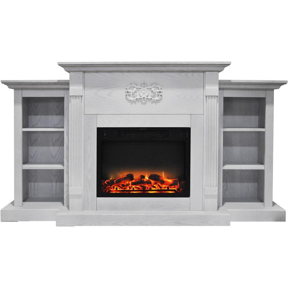 Sanoma 72 in. Electric Fireplace in White with Built-in Bookshelves and an Enhanced Log Display