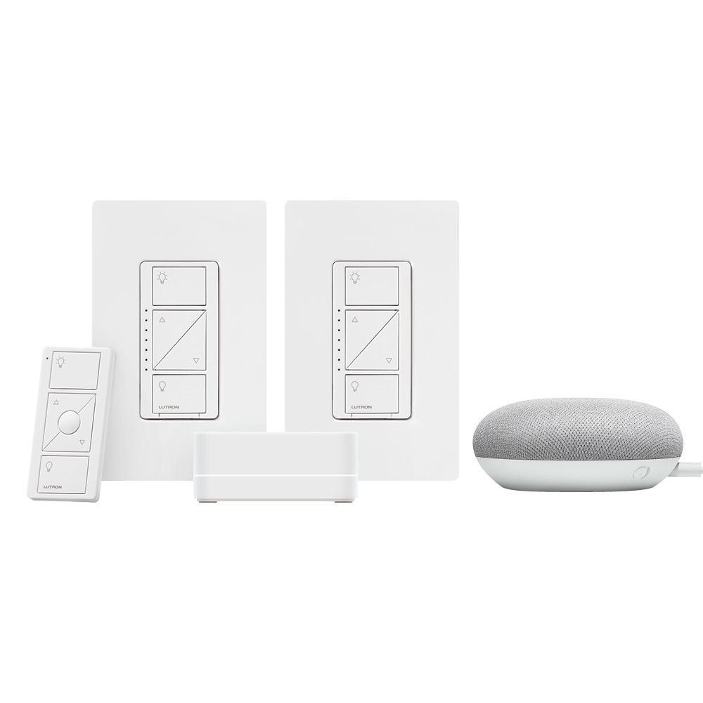 Caseta Wireless Smart Lighting Start Kit with Pico Remote and 2-Dimmer Switches and Google Home Mini, Chalk