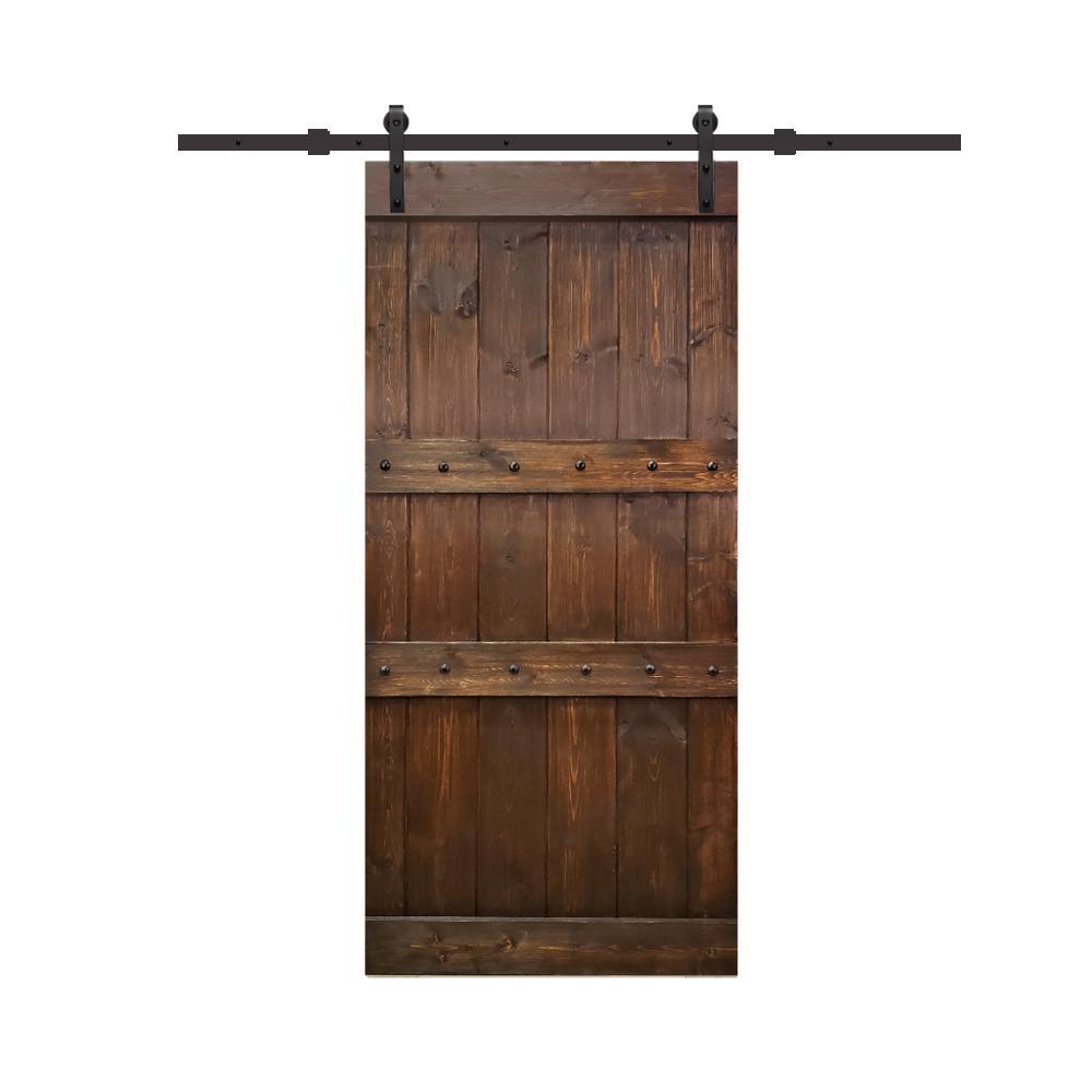 Clavos 42 in. x 84 in. Brown Stained Solid Pine Wood Interior Sliding Barn Door with Sliding Door Hardware Kit