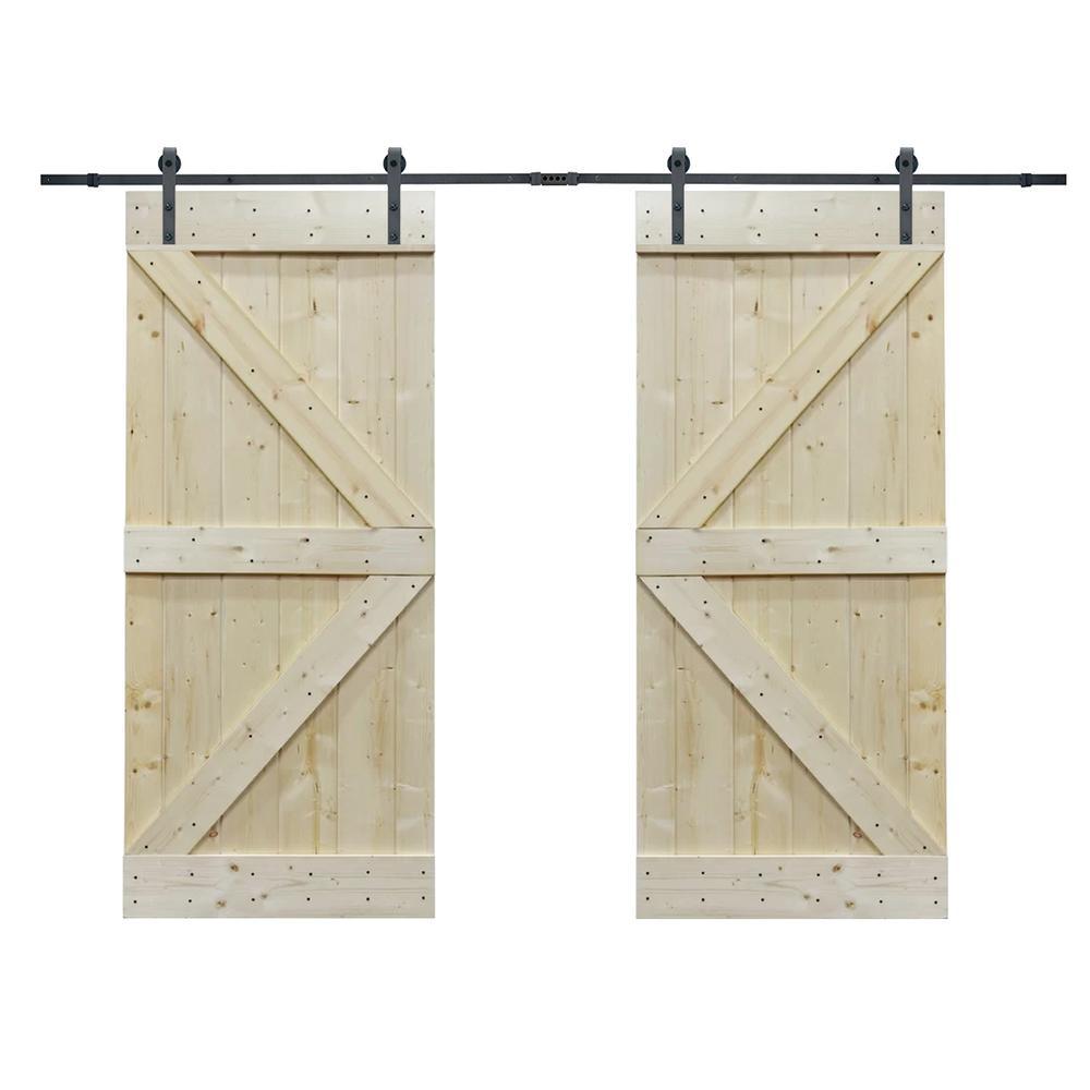 72 in. x 84 in. Unfinished Solid Core Knotty Pine Sliding Barn Door with Hardware Kit