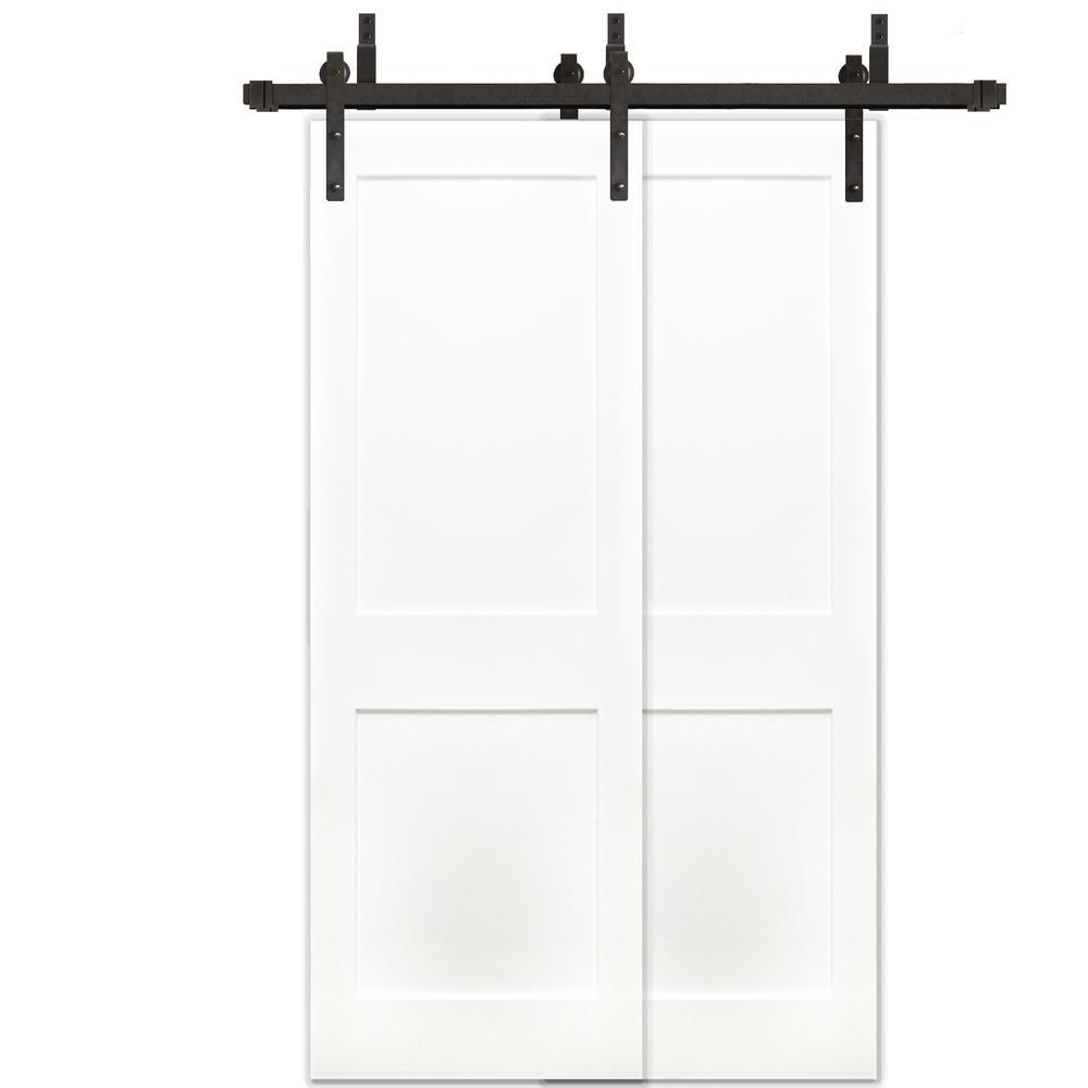 48in.x80in. Bypass Shaker Unfinished 2-Panel Solid Core Prime Pine Wood Sliding Barn Door with Bronze Hardware Kit