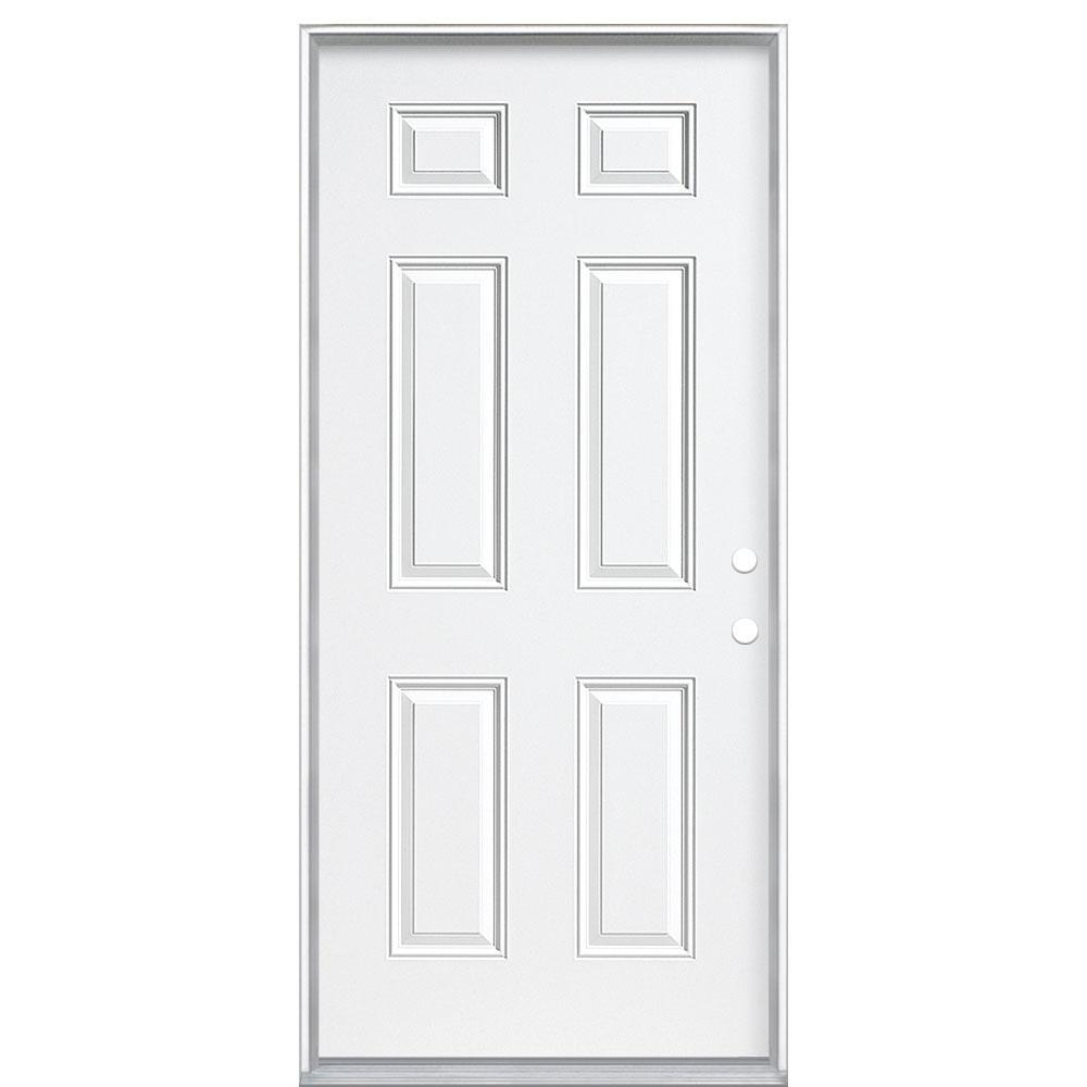 36 in. x 80 in. 6-Panel Left Hand Inswing Primed White Steel Prehung Front Exterior Door with Vinyl Frame