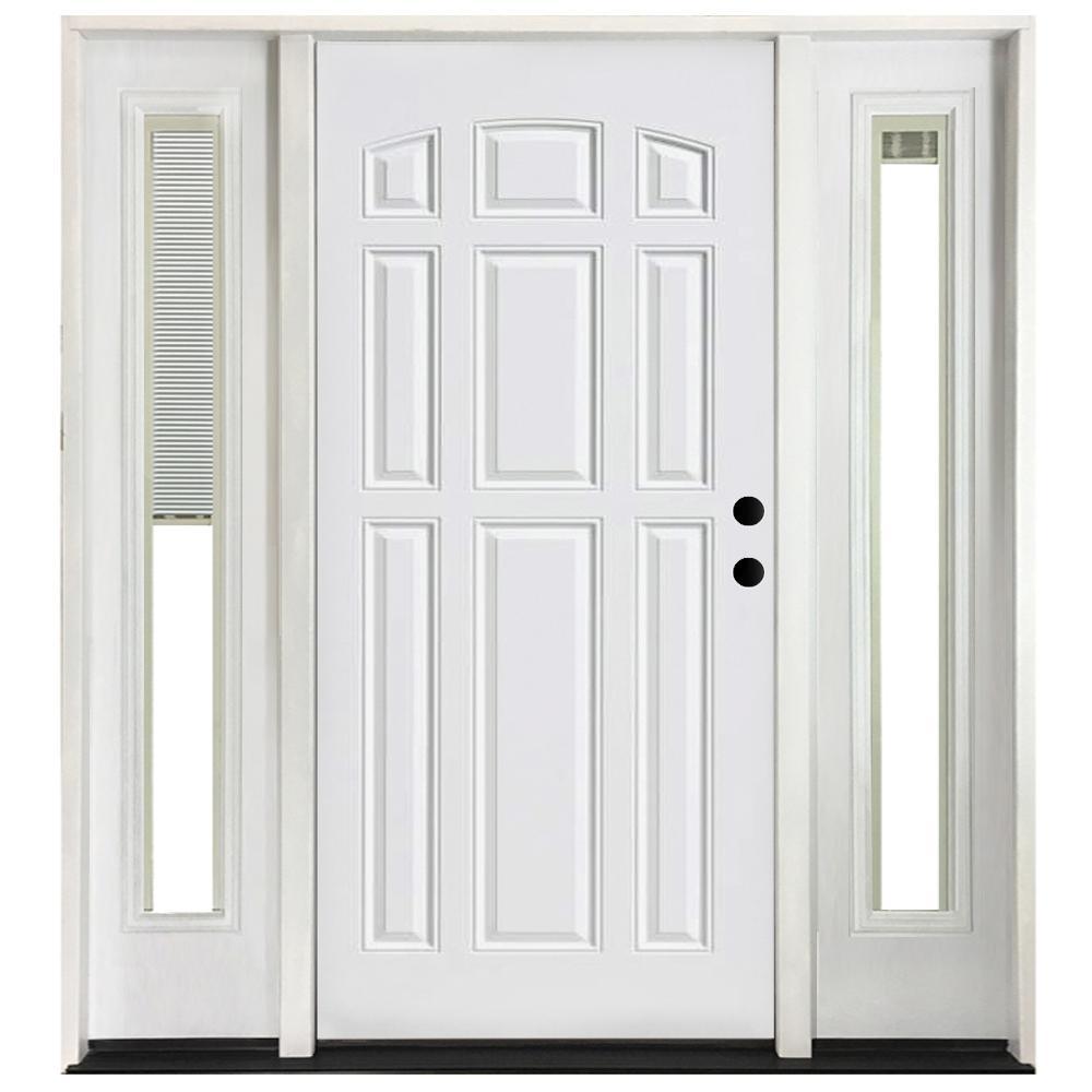 68 in. x 80 in. 9-Panel Primed White Left-Hand Steel Prehung Front Door with 14 in. Mini Blind Sidelites 4 in. Wall