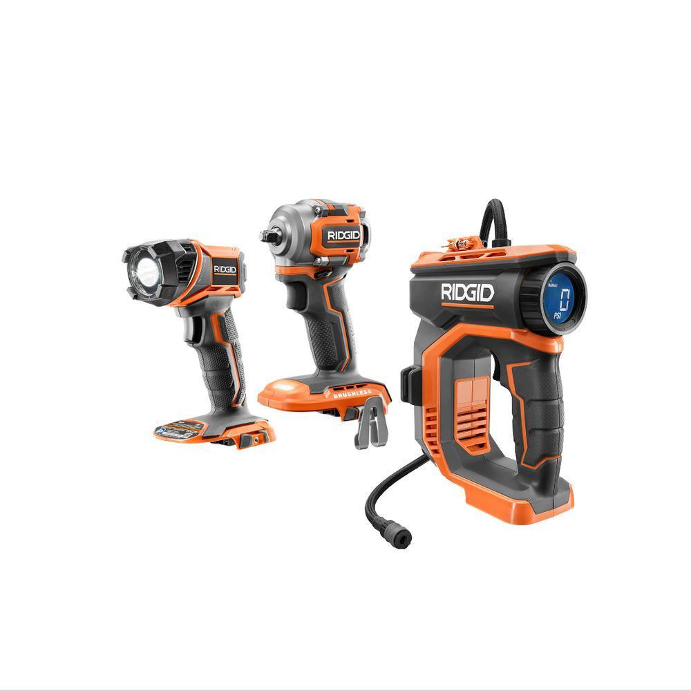18-Volt Lithium-Ion Brushless Cordless 3/8 in. Impact Wrench, Torch Light, and High Pressure Inflator Kit (Tools Only)