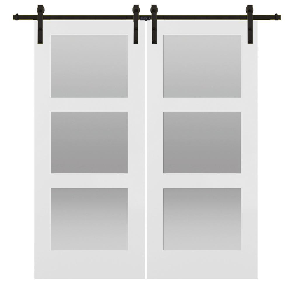 72 in. x 84 in. Shaker 3-Lite Frosted Glass Primed MDF Double Sliding Barn Door with Bent Strap Hardware Kits