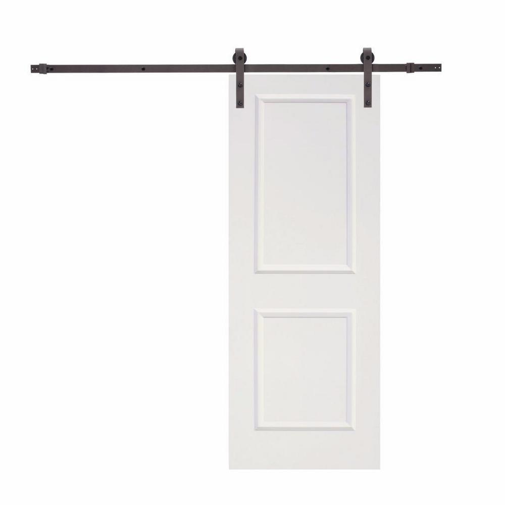 Classic Bent Strap Door Track Hardware and 36 in. White Primed MDF Raised 2 Panel Interior Sliding Barn Door