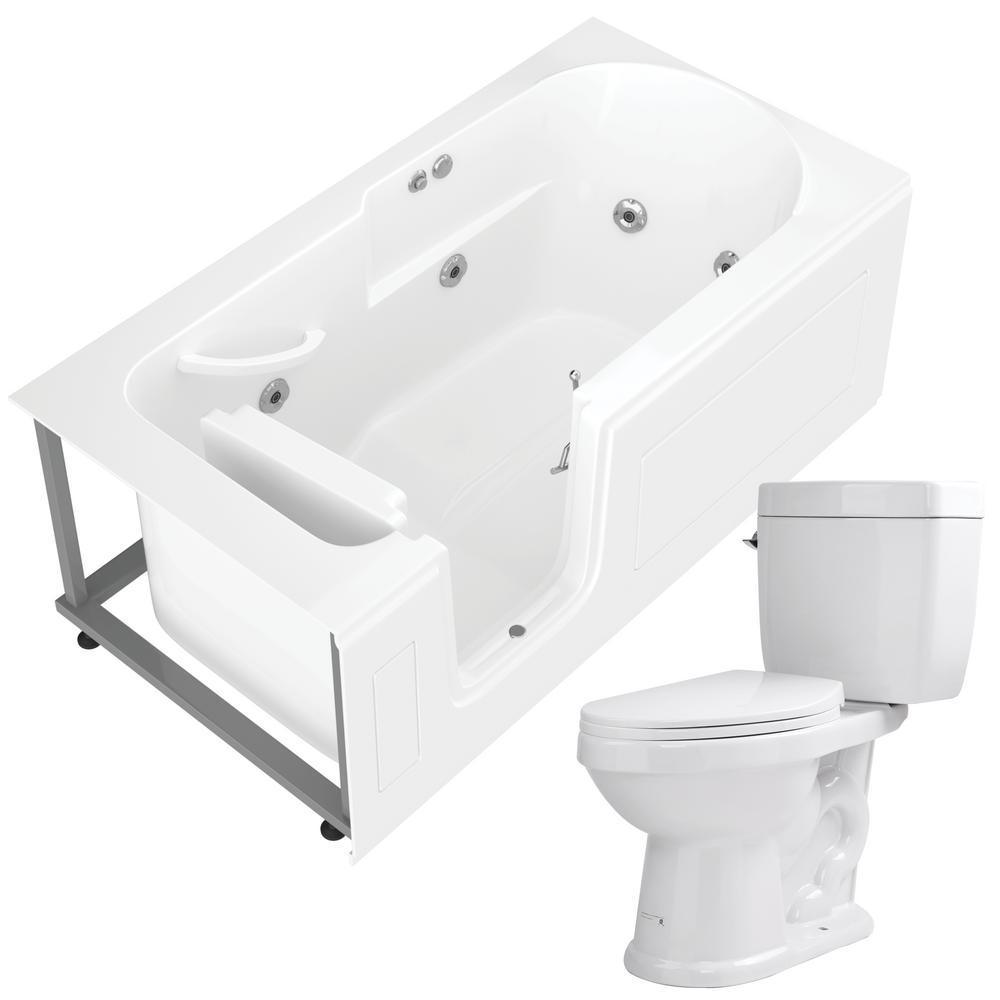 Nova Heated Step In 59.6 in. Walk-In Whirlpool Bathtub in White with 1.6 GPF Single Flush Toilet
