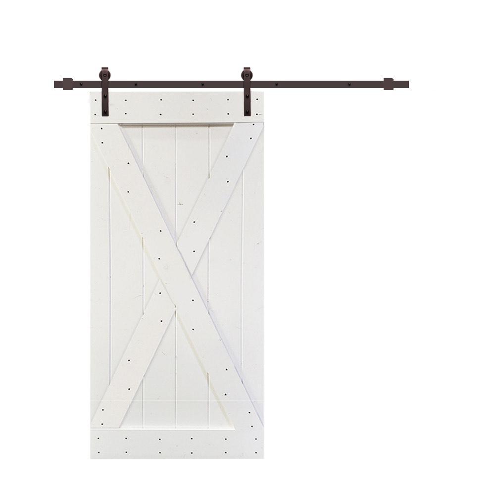 X Series 42 in. x 84 in. White Knotty Pine Wood Interior Sliding Barn Door with Hardware Kit