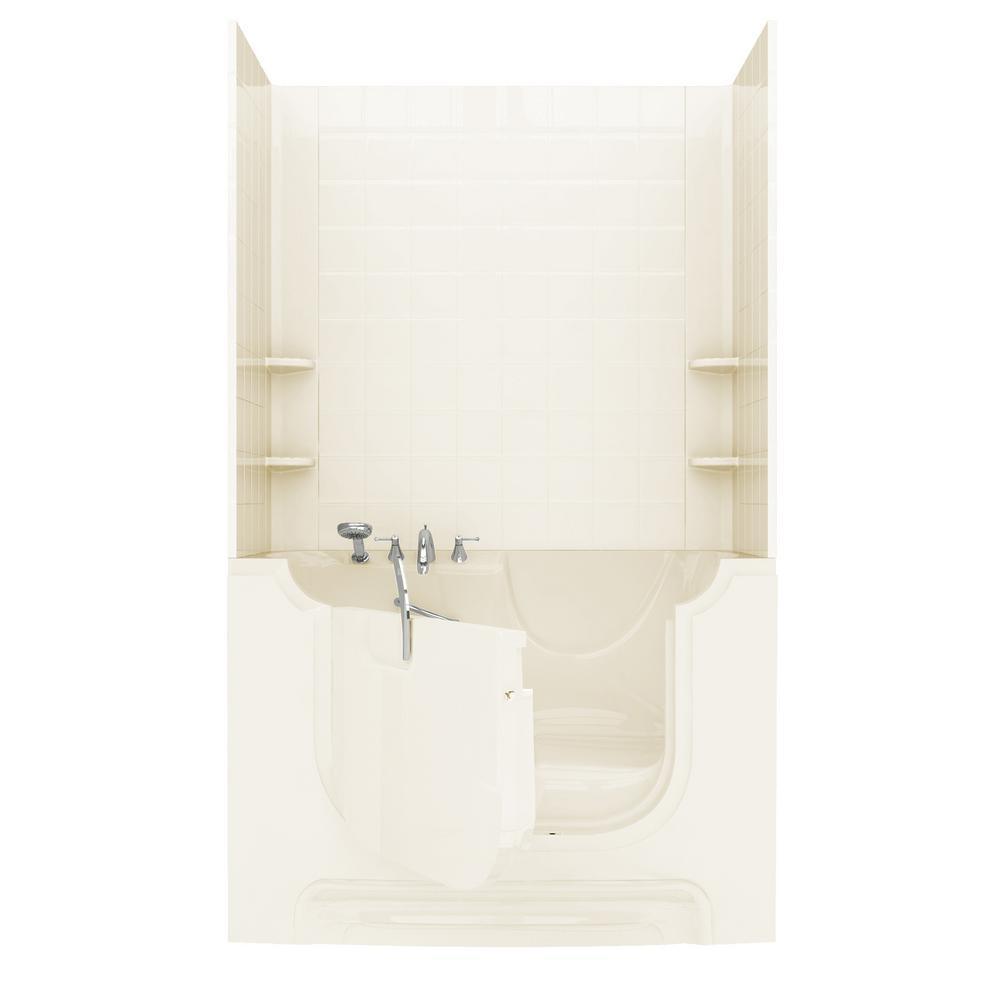 NOVA Heated Wheelchair Accessible 5 ft. walk-in bathtub with 6 in. Tile Easy Up Adhesive Wall Surround in Biscuit