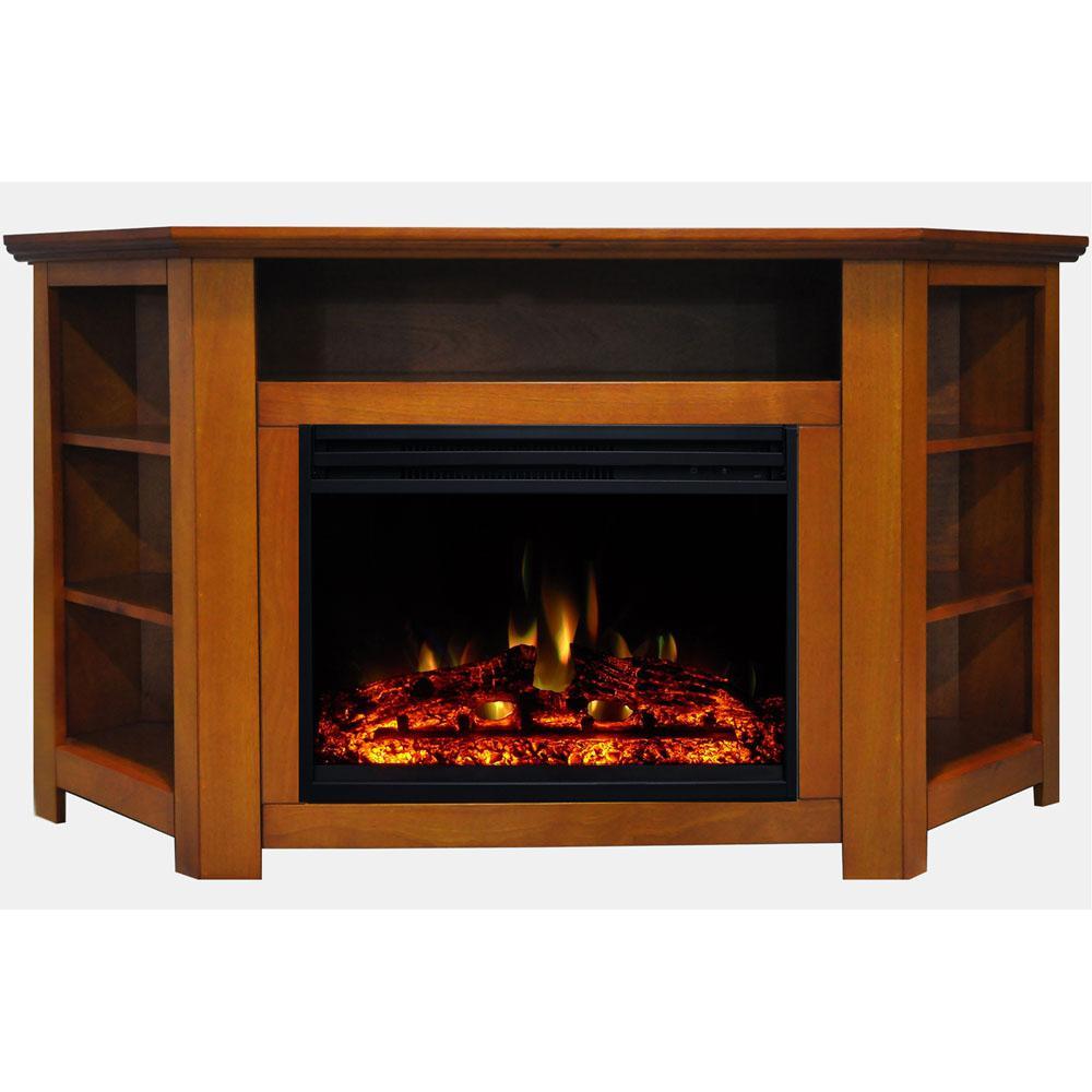 Stratford 56 in. Corner Electric Fireplace Heater TV Stand in Teak with Enhanced Log Display and Remote