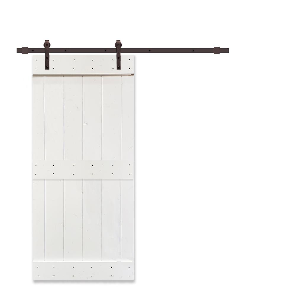 36 in. x 84 in. Mid-Bar White Knotty Pine Wood Interior Sliding Barn Door With Hardware Kit