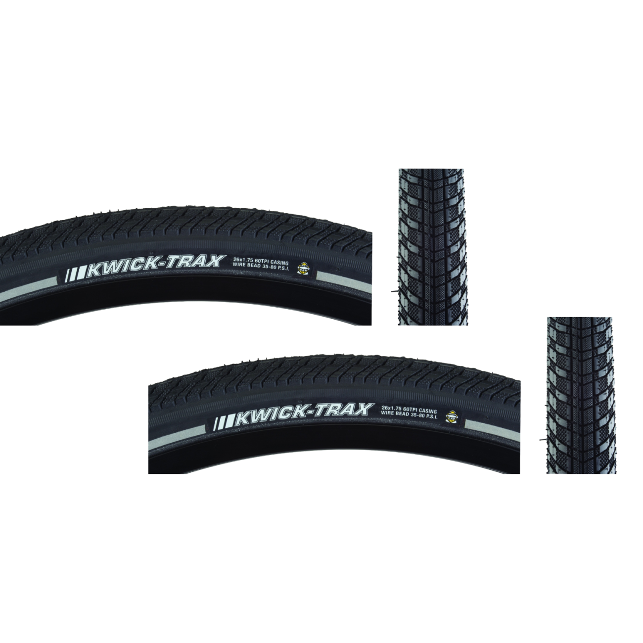 Pack of 2 Kenda Kwick Trax 26x1.75 Clincher Wire TPI 80 Black/Bsk Reflective 212203
