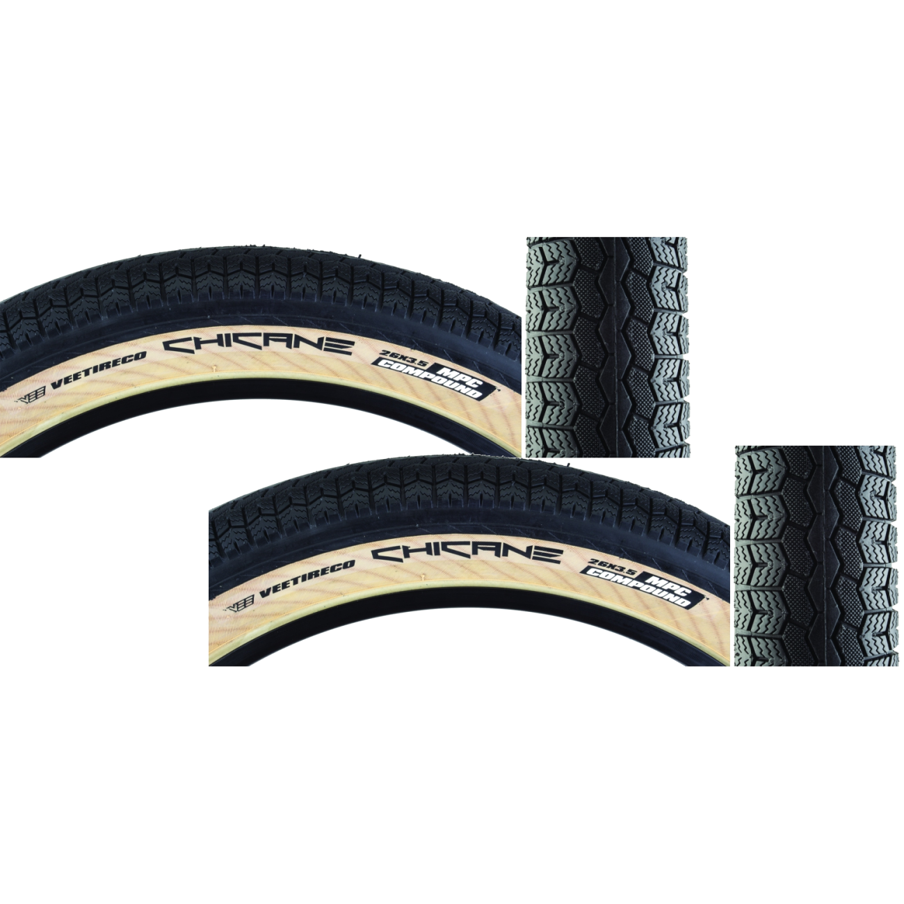 Pack of 2 Vee Tire & Rubber Chicane 26x3.5 Wire TPI 20 Black/Tan Reflective BMX