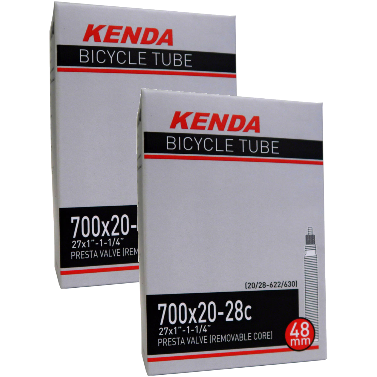 Pack of 2 Kenda 700 x 20-28mm 48mm PV Tube, Fixed Valve Core, Threaded Shaft