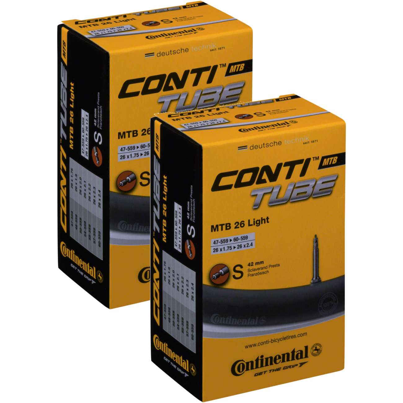 Pack of 2 Continental Light 26 x 1.75-2.5 42mm Presta Valve Tube