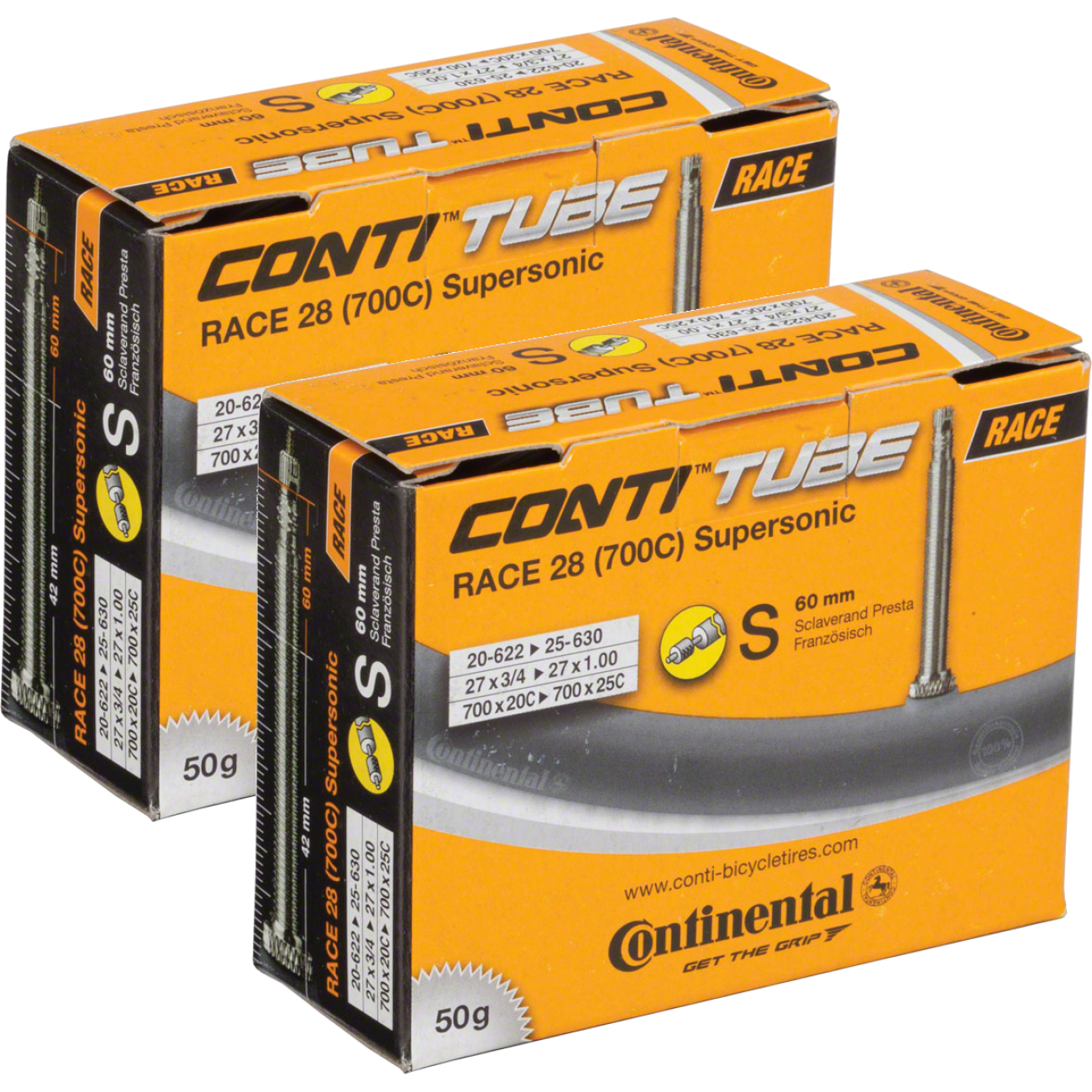 Pack of 2 Continental 700 x 18 - 25mm 60mm Presta Schrader Valve