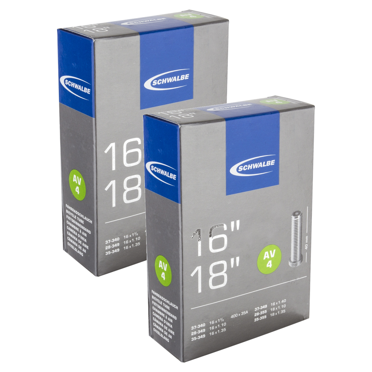 Schwalbe Tubes - 18 x 1.1-1.45, Schrader Valve 40mm 0d, Pack of 2