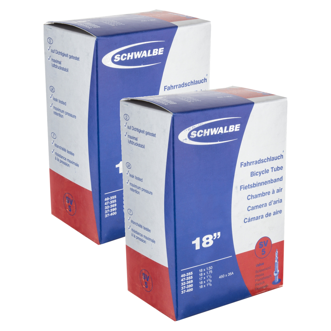 Schwalbe Tubes - 18 x 1.25-1.85, Presta Valve 40mm 0d, Pack of 2